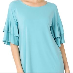 Blue Double Ruffle Sleeve Top - Women’s